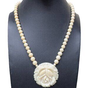 Vtg Cream Beaded Necklace Carved 3D Rose Pendant 18" Statement Estate Victorian